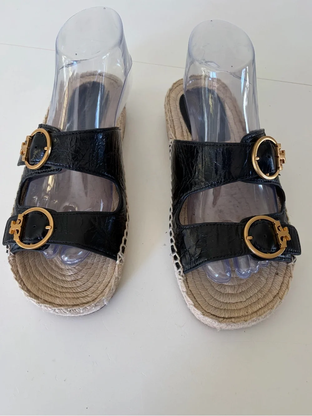 Tory Burch Selby Black Patent Leather & Jute Double Buckle Slide Sandals Size 8‎